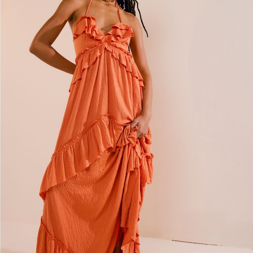 Free People Vibrant Orange Ruffled Maxi Dress